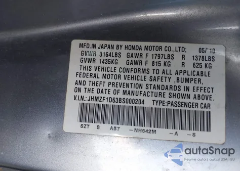 2011 Honda Cr-Z Ex from USA, damaged, VIN JHMZF1D63BS000204